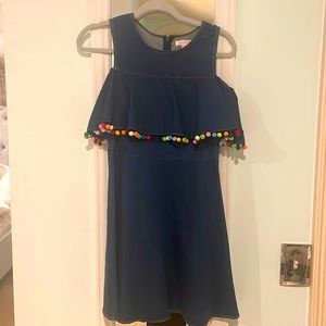 AGACI M denim dress with rainbow poofs and sleeves optional!